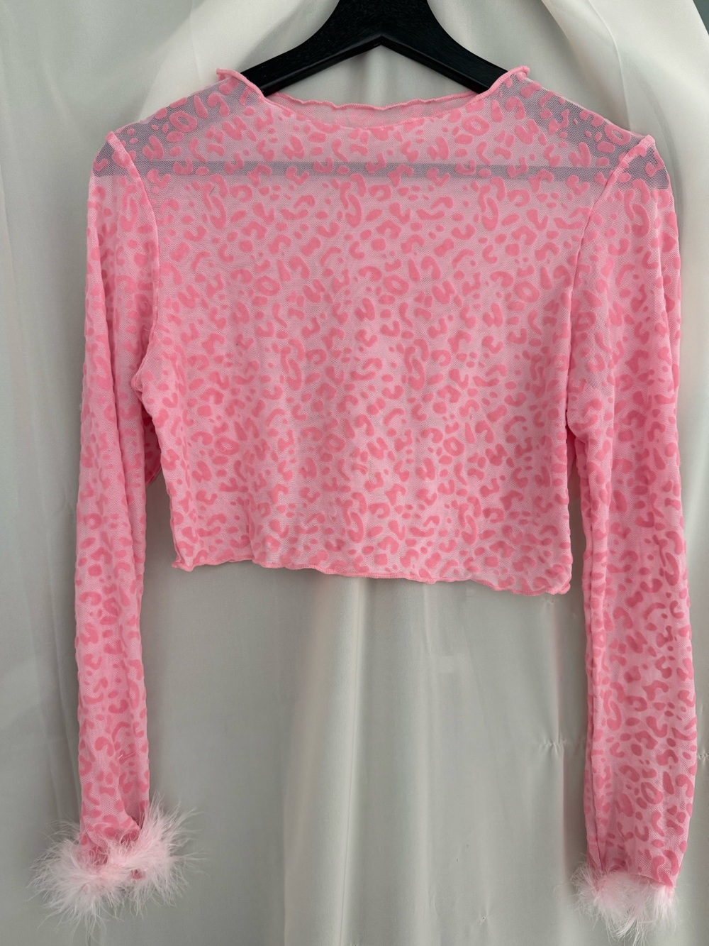Pink Leopard Print Sheer Mesh Crop Top with Marabou Feather Cuffs